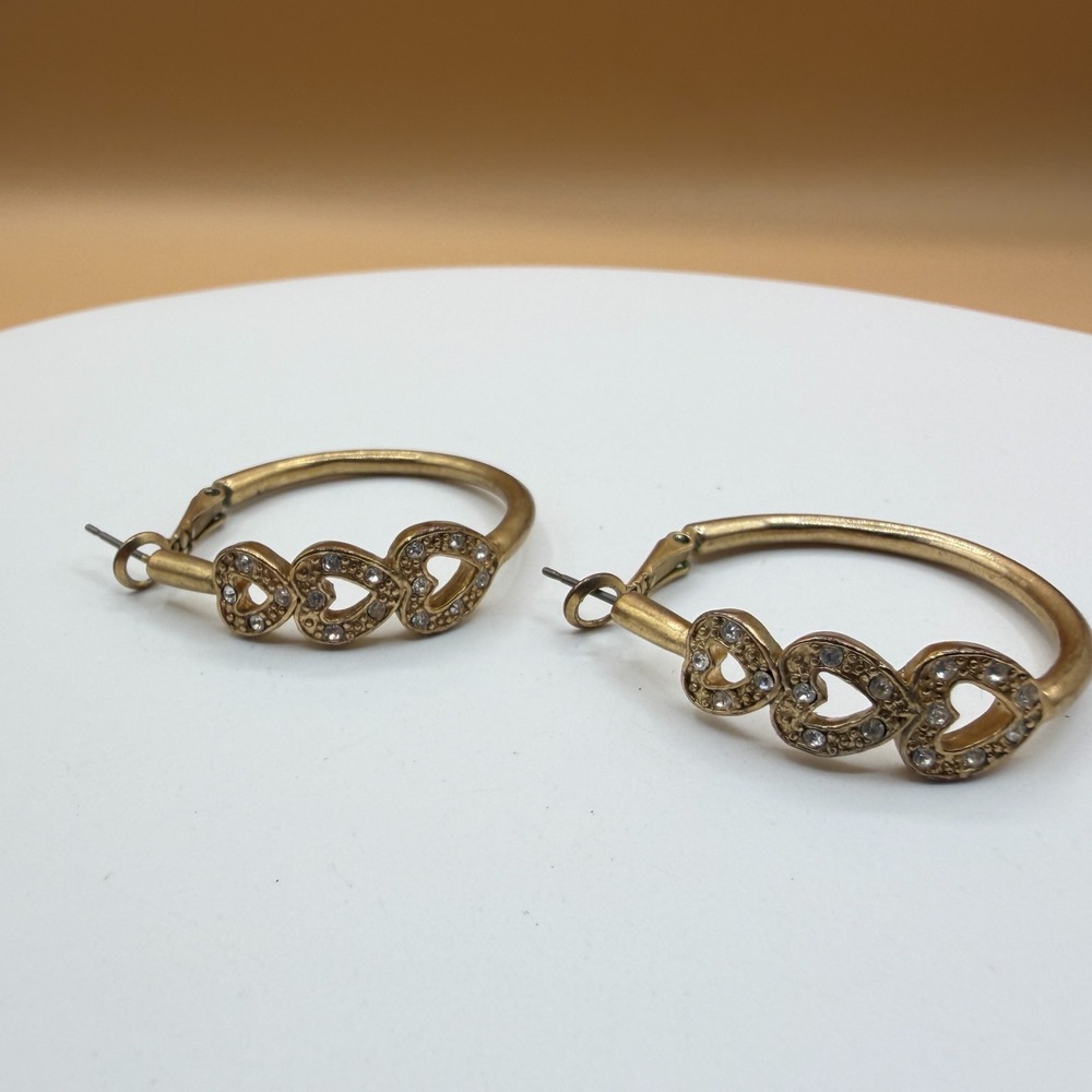 Gold Tone Rhinestone Triple Heart Hoop Earrings Romantic Statement Vintage Gift